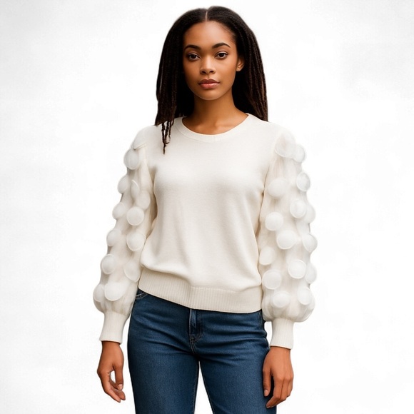 Sioni White Full Embellished Sleeves Sweater Exaggerated Sleeves XL Maximalist - Picture 16 of 16